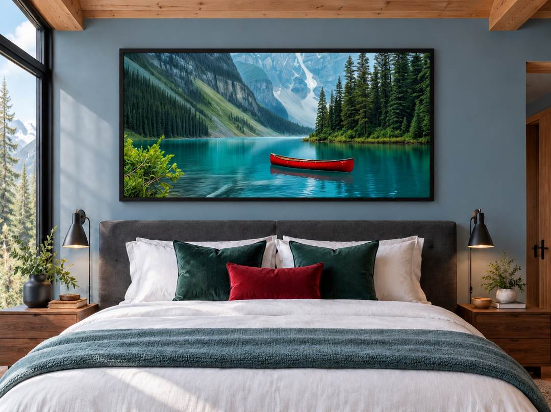 Framed canvas wall art of Lake Louise with a red canoe, hung above a bed in a rustic bedroom.