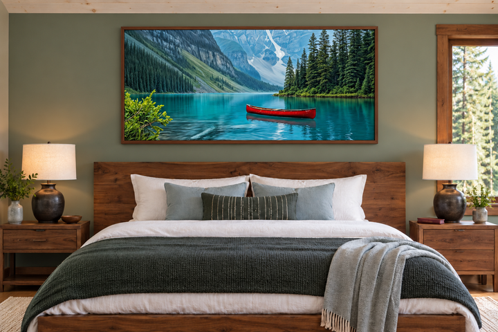 Framed canvas wall art of Lake Louise with a red canoe, hanging above a bed in a rustic bedroom.