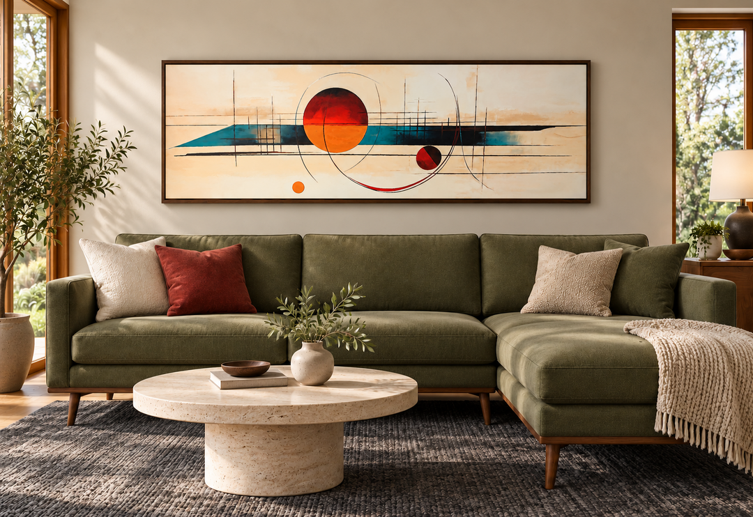 Mid century modern abstract canvas print with geometric shapes in a long horizontal frame.