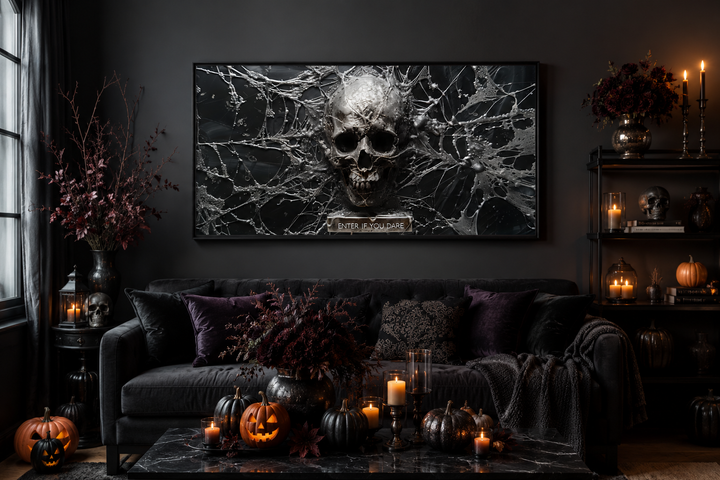 Gothic wall art featuring a silver skull and spiderweb with the text Enter If You Dare.
