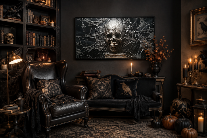 Gothic wall art featuring a silver skull in a spiderweb with "Enter If You Dare" text.