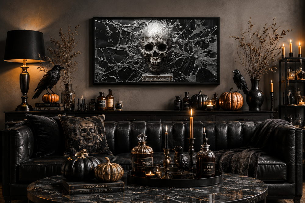 Framed black and white skeleton skull with spiderweb wall art above a gothic living room display.