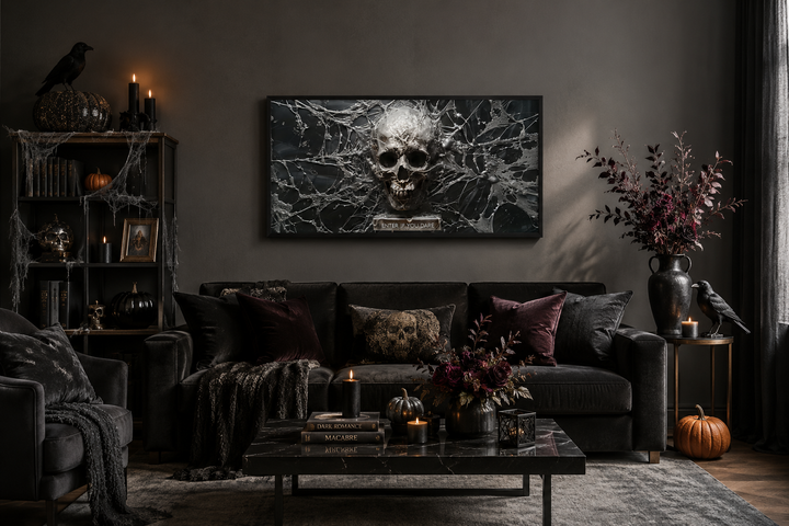 Framed black and white skeleton skull wall art with spiderwebs above a dark gothic living room sofa.