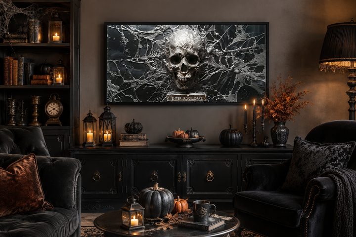 Monochromatic skull and spiderweb wall art with 'Enter If You Dare' text in a gothic living room.
