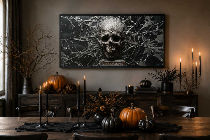 Black and white skeleton skull wall art with spiderwebs and "Enter If You Dare" text in a dark room.