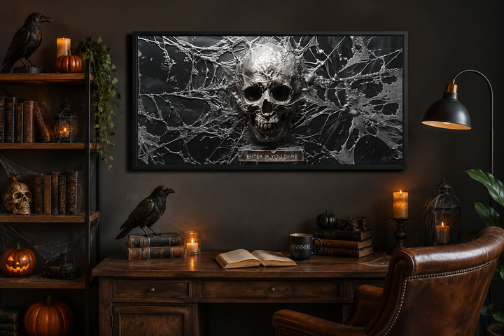 Framed black and white skeleton skull wall art with spiderwebs and "Enter If You Dare" text.