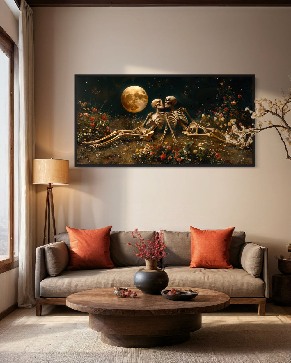 Eternal Love Skeletons in Flowers Meadow Under Moon Gothic Wall Art above brown couch