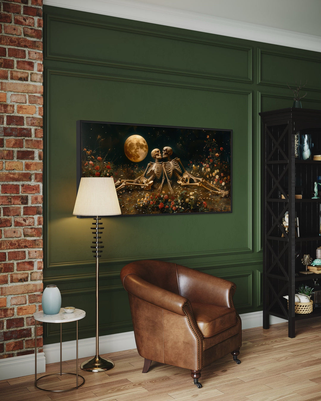 Eternal Love Skeletons in Flowers Meadow Under Moon Gothic Wall Art in living room