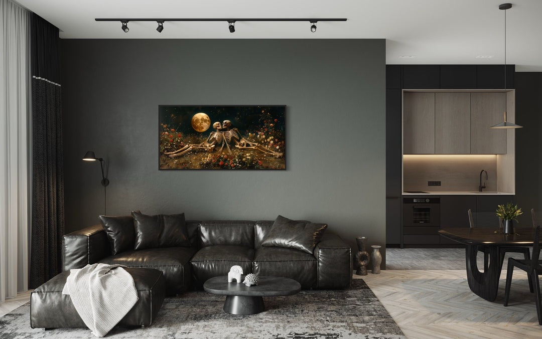 Eternal Love Skeletons in Flowers Meadow Under Moon Gothic Wall Art in living room