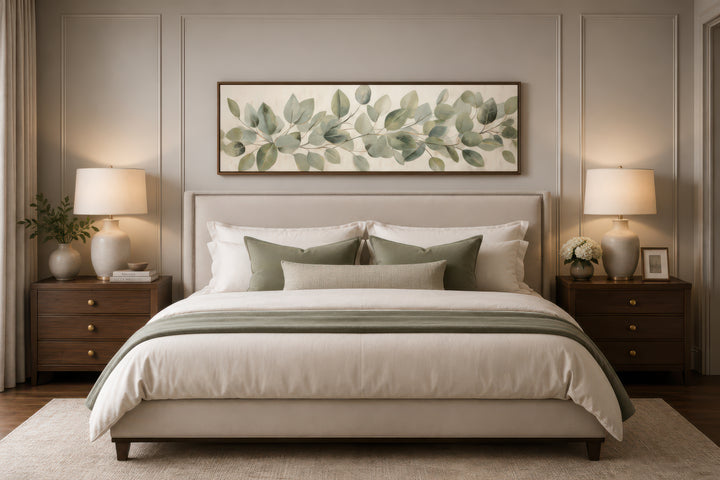 Eucalyptus leaves painted on rustic wood long horizontal framed canvas wall art above a bed.