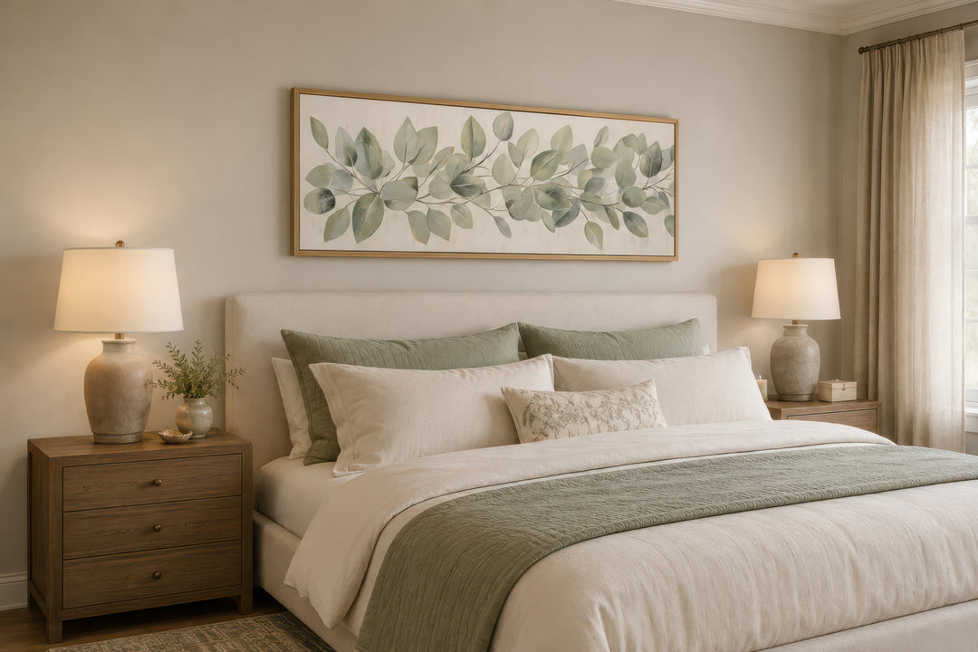 Long horizontal framed canvas wall art featuring painted eucalyptus leaves above a bed.