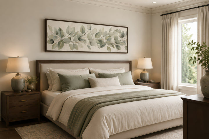 Long horizontal framed canvas wall art featuring eucalyptus leaves painted on rustic wood.
