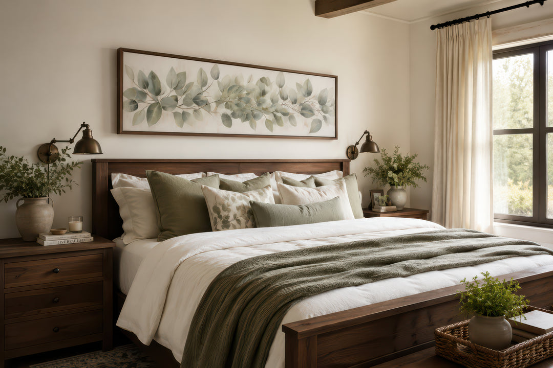 Long horizontal framed canvas wall art featuring painted eucalyptus leaves above a bed.