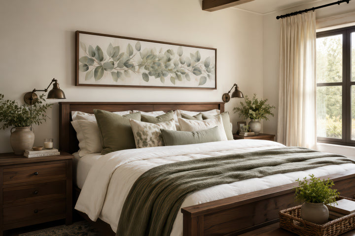 Long horizontal framed canvas wall art featuring painted eucalyptus leaves above a bed.