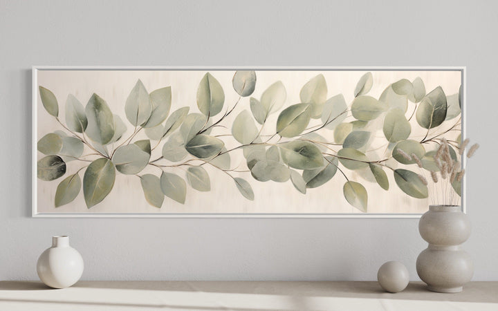 Eucalyptus Leaves Painted On Rustic Wood Long Horizontal Framed Canvas Wall Art