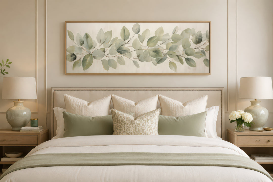 Long horizontal framed canvas wall art featuring painted eucalyptus leaves above a bed.