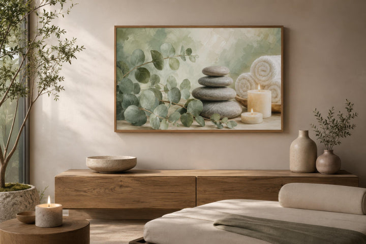 Eucalyptus Spa Wall Art - Sage Green Spa Decor | Bathroom Canvas Print, Zen Stone Painting
