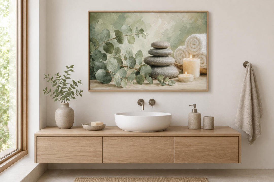 Eucalyptus Spa Wall Art - Sage Green Spa Decor | Bathroom Canvas Print, Zen Stone Painting
