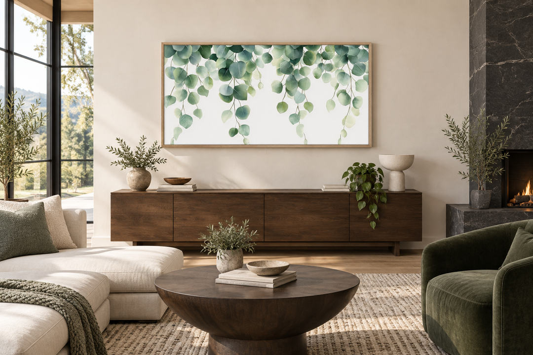 Horizontal framed canvas wall art featuring cascading sage green eucalyptus leaves on a beige wall.
