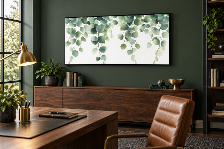 Green eucalyptus leaves botanical framed canvas wall art hanging above a wooden office sideboard.