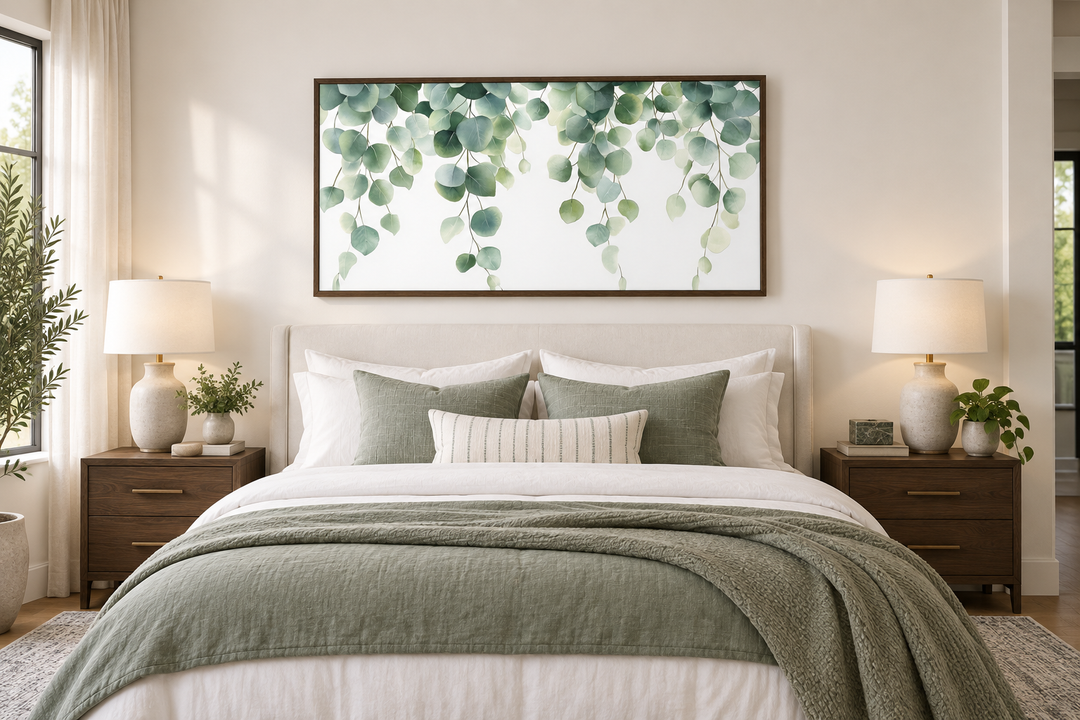 Horizontal framed canvas wall art featuring cascading sage green eucalyptus leaves over a bed.