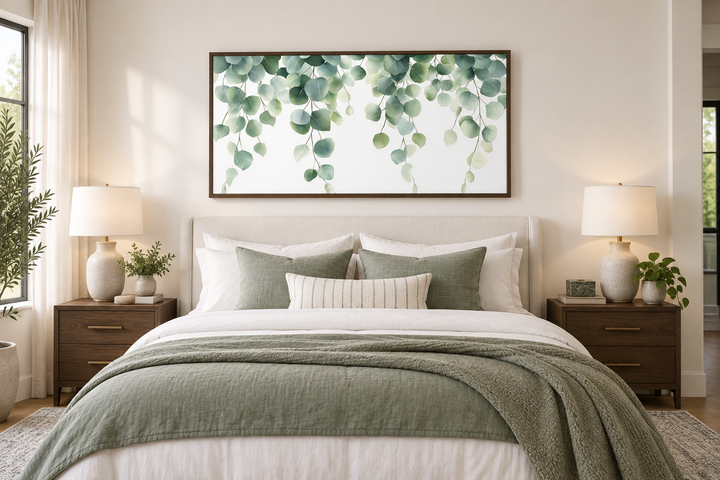 Horizontal framed canvas wall art featuring cascading sage green eucalyptus leaves over a bed.