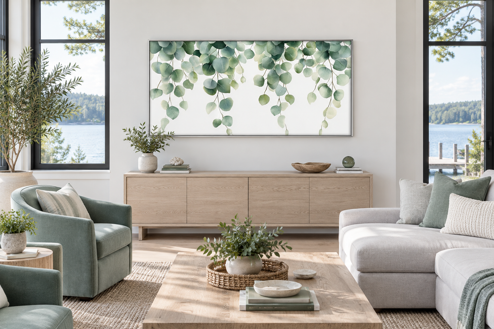Green eucalyptus leaves sage green botanical framed canvas wall art above a wooden console table.