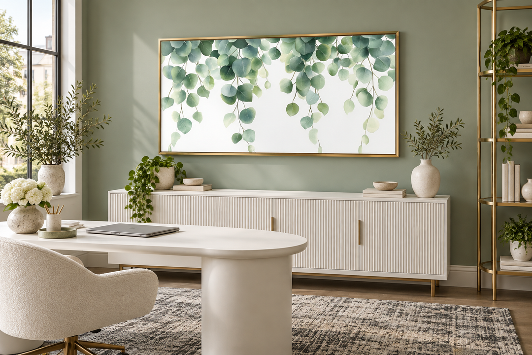 Horizontal framed canvas wall art featuring cascading sage green eucalyptus leaves.
