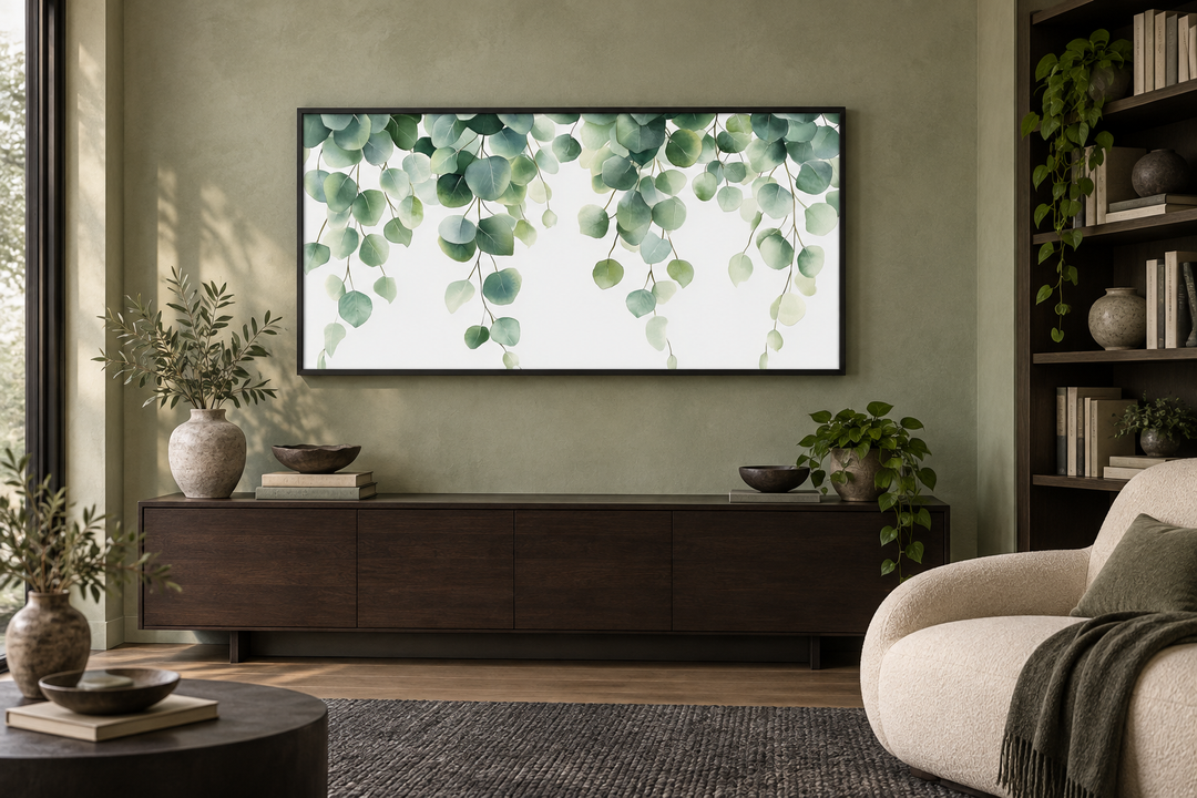Horizontal framed canvas wall art featuring cascading sage green eucalyptus leaves on a white base.