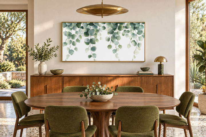 Horizontal framed canvas wall art featuring cascading sage green eucalyptus leaves on a white base.