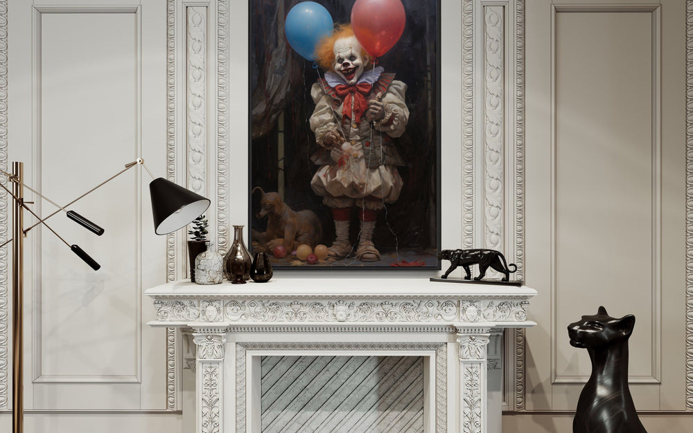 Evil Clown With Balloons Gothic Framed Canvas Wall Art