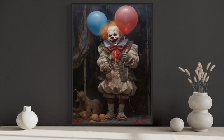 Evil Clown With Balloons Gothic Framed Canvas Wall Art