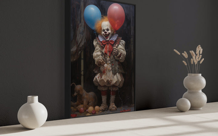 Evil Clown With Balloons Gothic Framed Canvas Wall Art