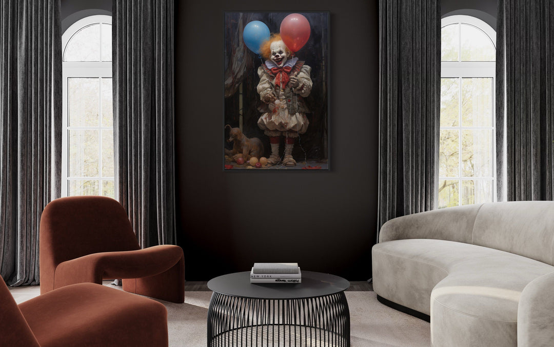 Evil Clown With Balloons Gothic Framed Canvas Wall Art