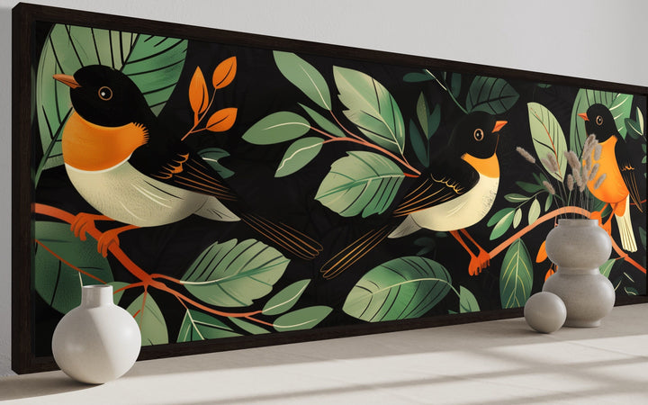 Exotic Birds In The Jungle Tropical Long Horizontal Framed Canvas Wall Art