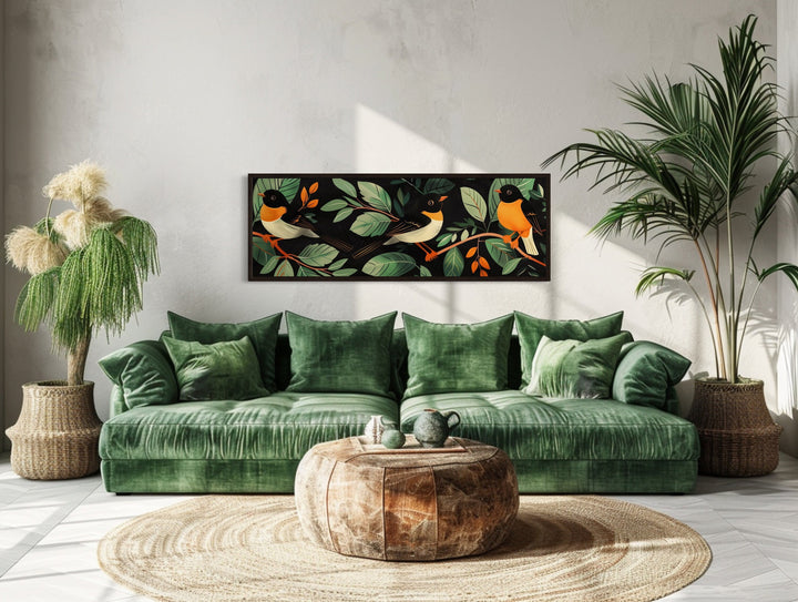 Exotic Birds In The Jungle Tropical Long Horizontal Framed Canvas Wall Art