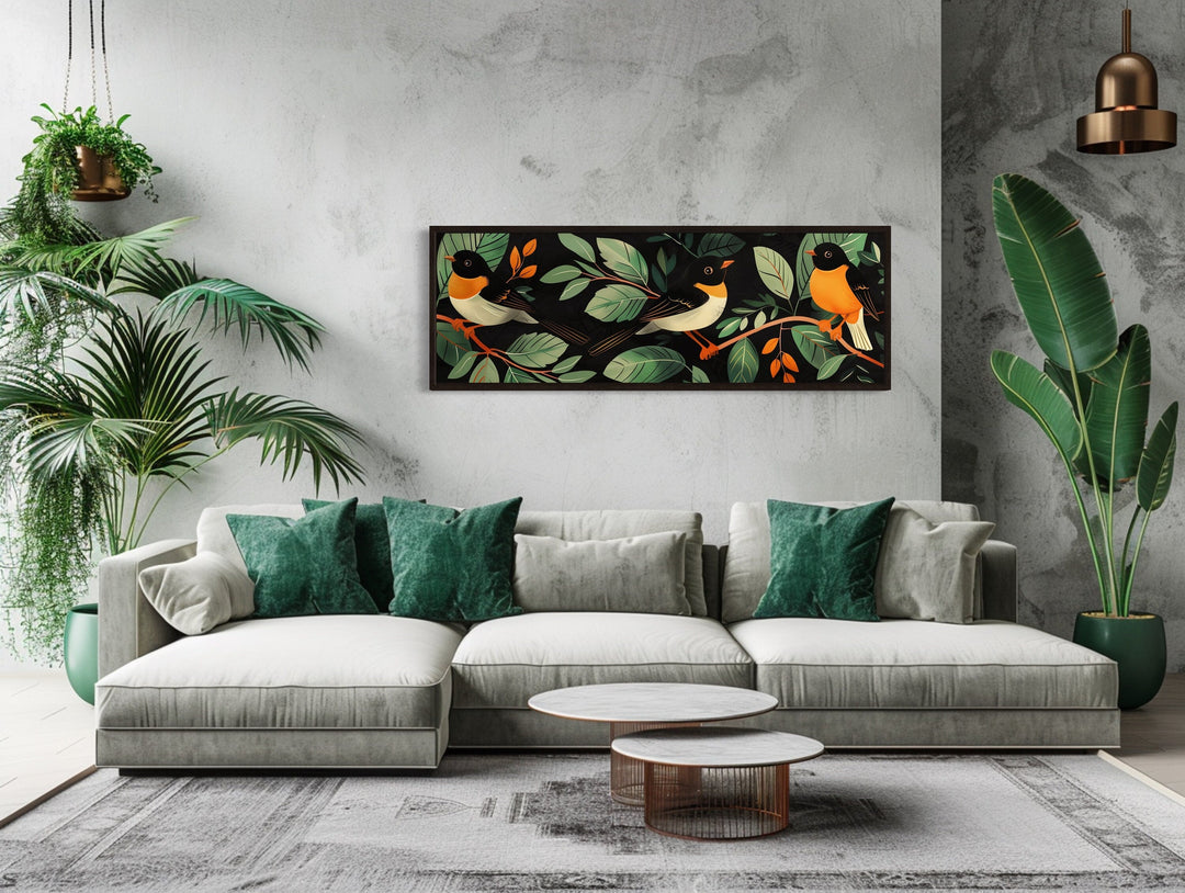 Exotic Birds In The Jungle Tropical Long Horizontal Framed Canvas Wall Art