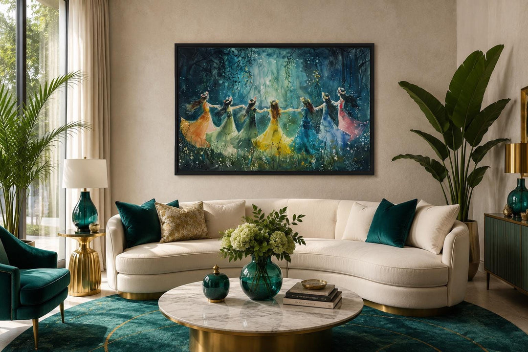Fairies Dancing In Enchanted Magical Forest Wall Art above a white curved sofa in a living room.