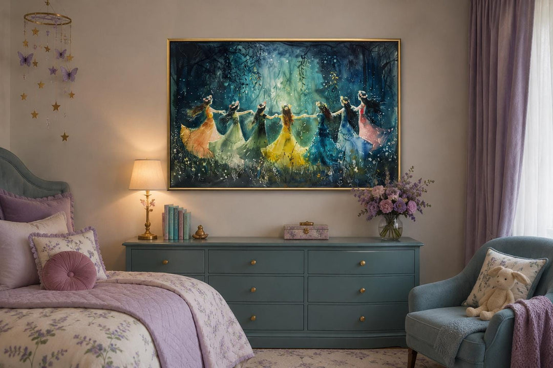 Fairies dancing in a circle in an enchanted forest wall art above a blue dresser in a bedroom.