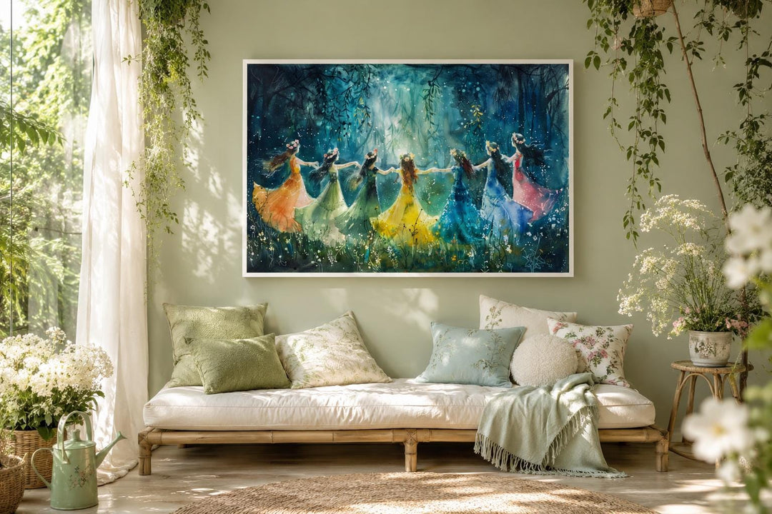 Fairies dancing in a circle in an enchanted forest wall art above a daybed in a green room.