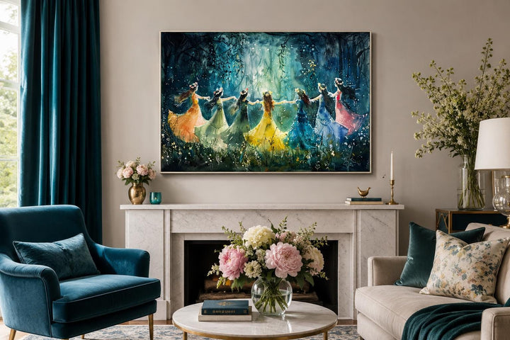 Fairies dancing in a circle in an enchanted magical forest canvas wall art above a fireplace.
