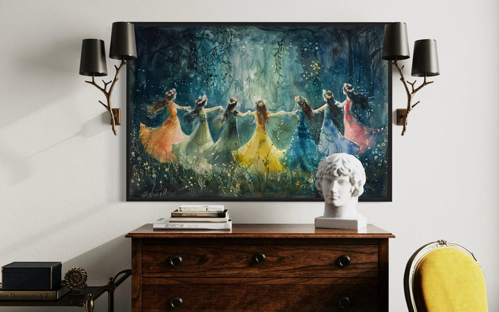 Fairies in colorful dresses dancing in a circle within a misty, glowing enchanted forest wall art.