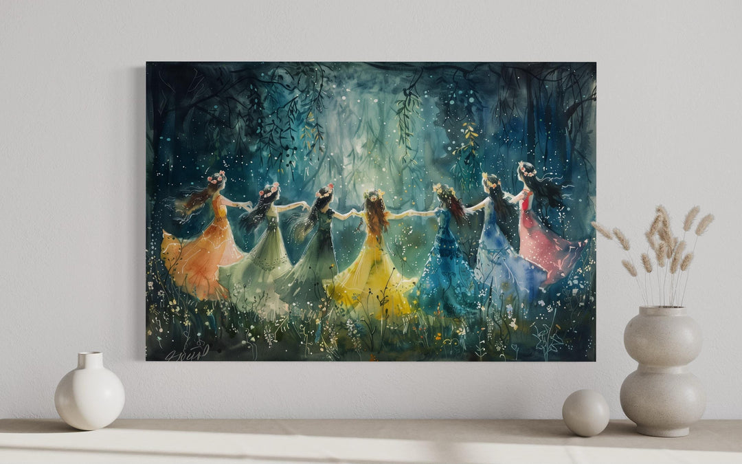 Canvas print of colorful fairies dancing in a circle within a misty, glowing enchanted forest.