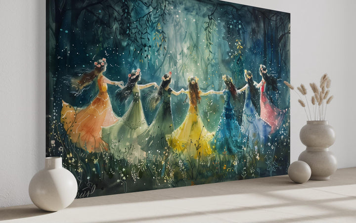 Fairies in colorful dresses dancing in a circle within a misty, glowing enchanted forest wall art.