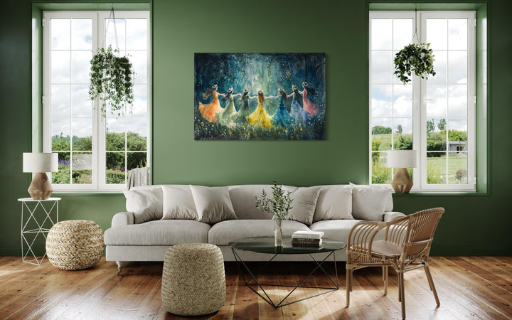 Fairies in colorful dresses dancing in a circle within a misty, glowing enchanted forest wall art.