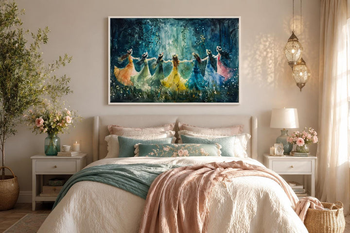 Fairies dancing in a circle in an enchanted forest wall art above a bed in a cozy bedroom.