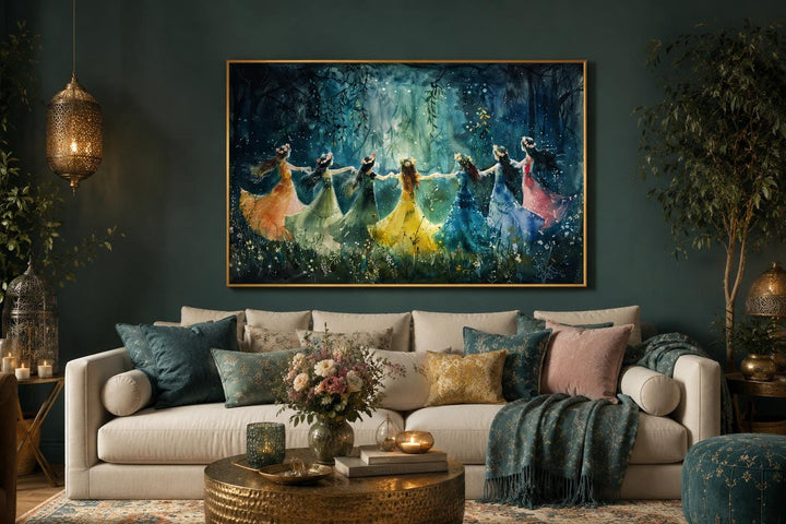Fairies dancing in a circle in a glowing, enchanted forest canvas print above a sofa.