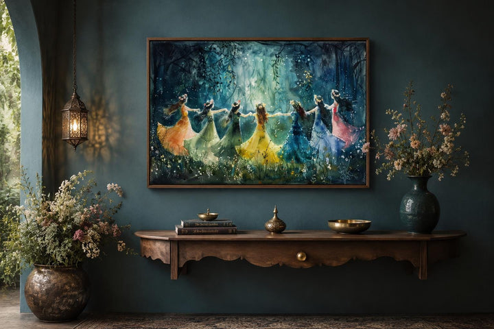 Fairies dancing in a circle in an enchanted magical forest canvas wall art above a wooden console.