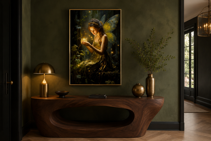 Framed canvas wall art of a forest fairy with fireflies above a wooden console table.