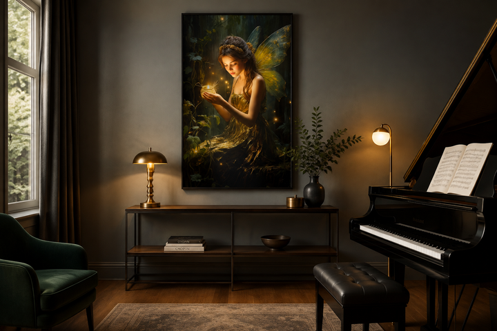 Framed vertical canvas art of a forest fairy with fireflies in a dark, moody living room setting.